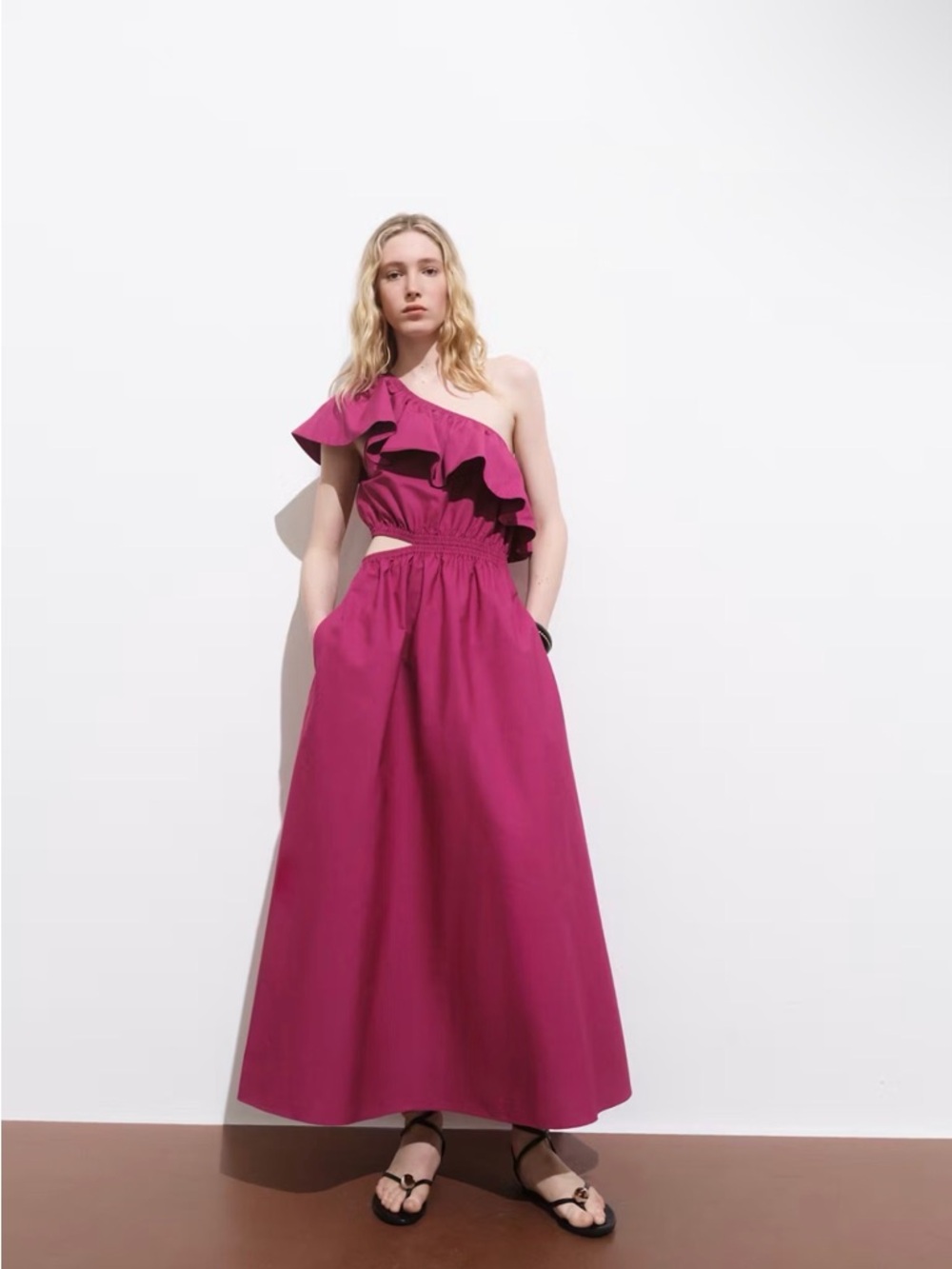 MANGO One-Shoulder Ruffle Fuchsia Maxi Dress. Never wear